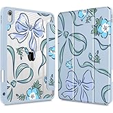Mektron Case for 2025 iPad 11 inch (A16 Chip) 11th Gen Fit iPad 10th Gen10.9 inch 2022, Buit in Pencil Holder with Shockproof Cover Clear Shell + Trifold Stand, Flowers-Bows-Blue