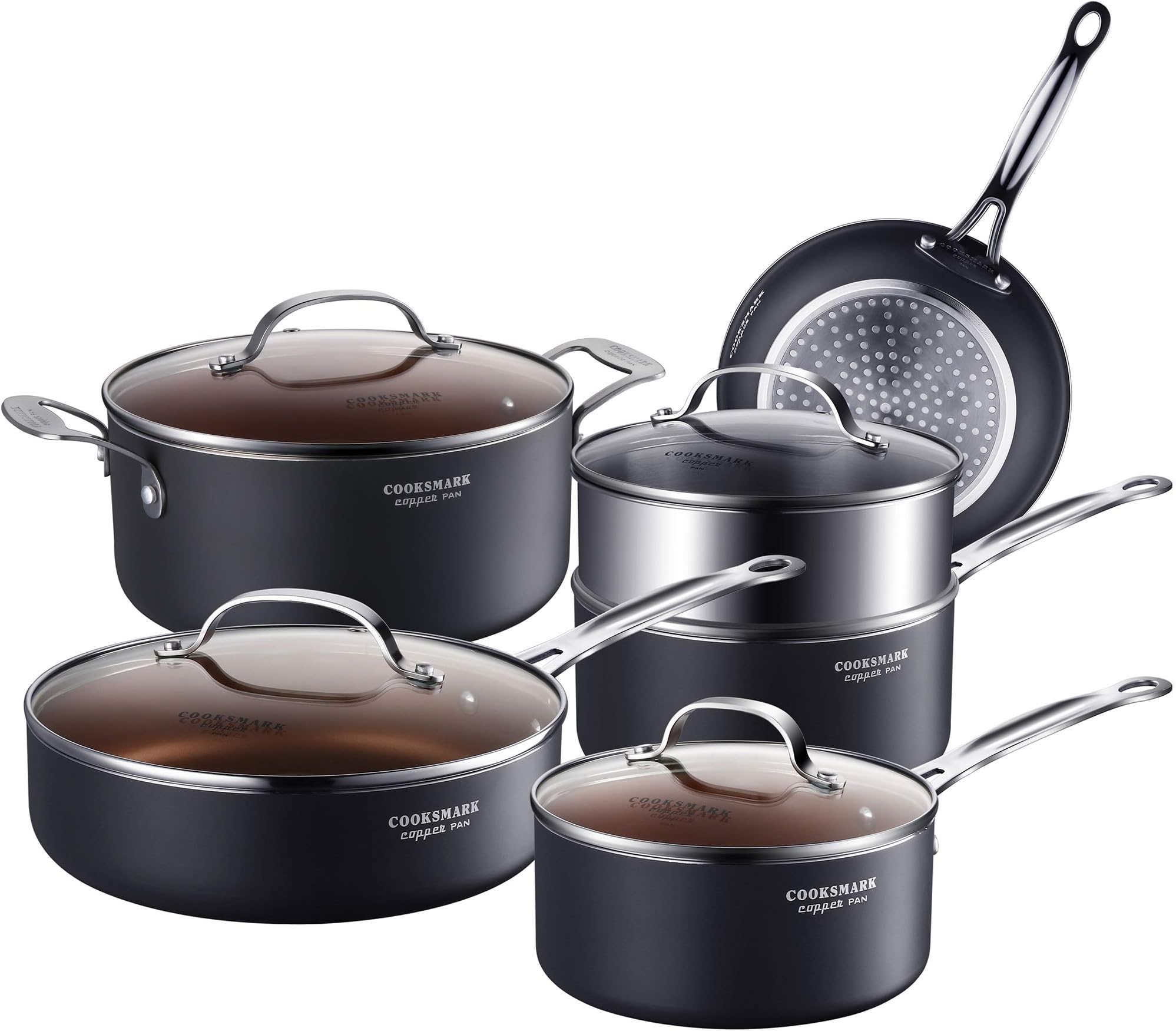 Cooksmark 10-Piece Copper Ceramic Induction Compatible Nonstick Pots and Pans Set, Nonstick Induction Cookware Set with Glass Lids and Steamer insert, Dishwasher Safe Oven Safe PTFE, PFOA Free