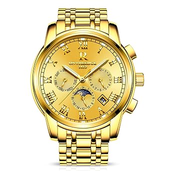 RORIOS Herren Edelstahl Automatisch Mechanisch Kalender Woche Römisch Nummer Metallarmband Armbanduhr