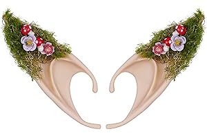 FRESHME Mushroom Elf Ears Adult - Handmade Soft Pixie Fairy Ears with Moss Mushroom and Flower Non Piercing Woodland Forest Elven Ear Cuff for Women Christmas Renaissance Halloween Cosplay Accessories