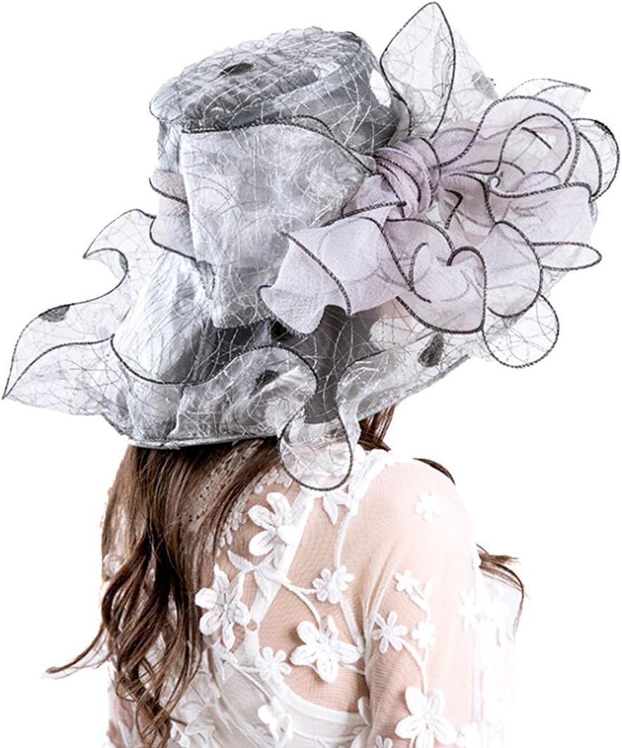 Anti UV Women Church Derby Hat Wide Brim Flower Sun Hat (Grey)