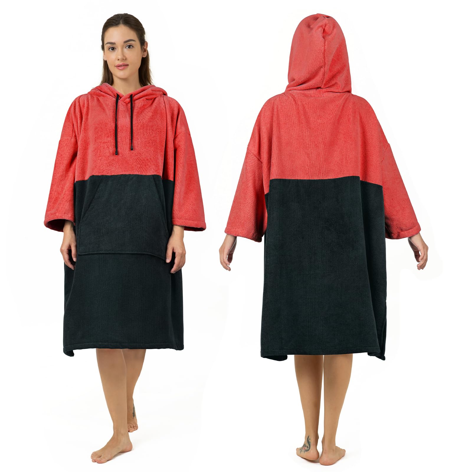 Photo 1 of Zingtto Surf Poncho Changing Robe, 3/4 Sleeve Extra Large Thick Hoodie Towel Poncho for Men Women Beach Swimming, 39"x33", Black Coral Red