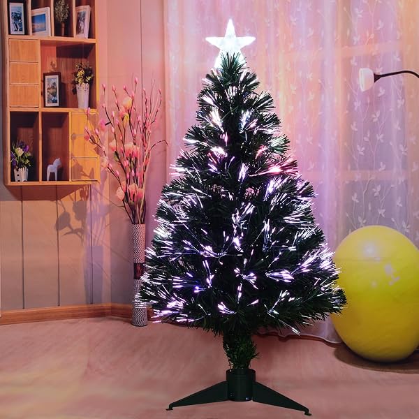 3FT FIBER OPTIC GREEN CHRISTMAS TREE ARTIFICIAL TREE WITH STAND,PRE-LIT FULL XMAS TREE WITH TOP STAR PERFECT FOR INDOOR HOLIDAY DECORATION