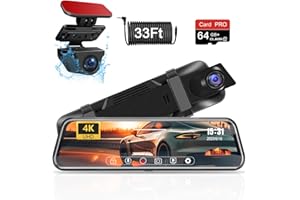 Jelkuz 10" Mirror Dash Cam 4K Rear View Mirror Camera Super Night Vision 2160P Mirror Dash Cam Front and Rear Backup Camera 33ft Cable for Car Trucks Parking Monitor 64GB Card &Rear Camera Holder