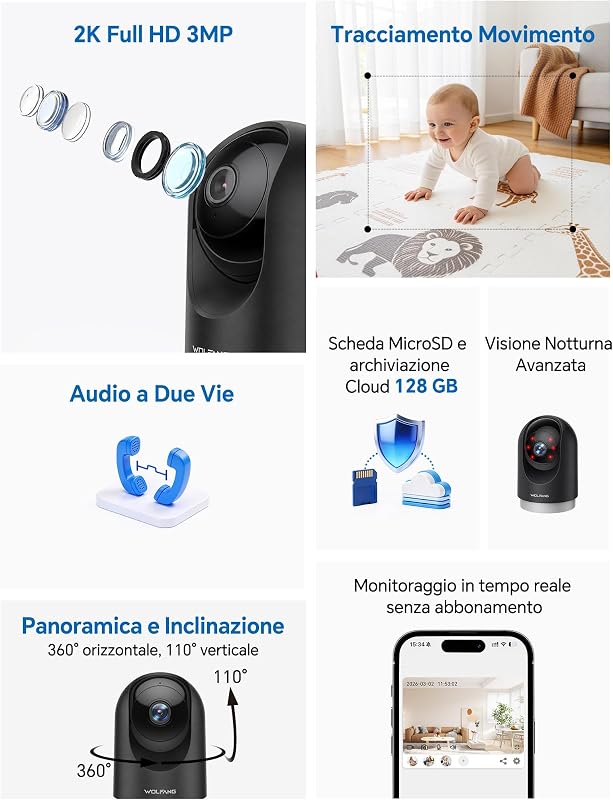 Telecamera Wi-Fi Interno 2K, Telecamera per Cani con Rilevamento Movimento e Visione Notturna, Baby Monitor con Audio Bidirezionale, Compatibile con Alexa/Google, Senza Canone Mensile