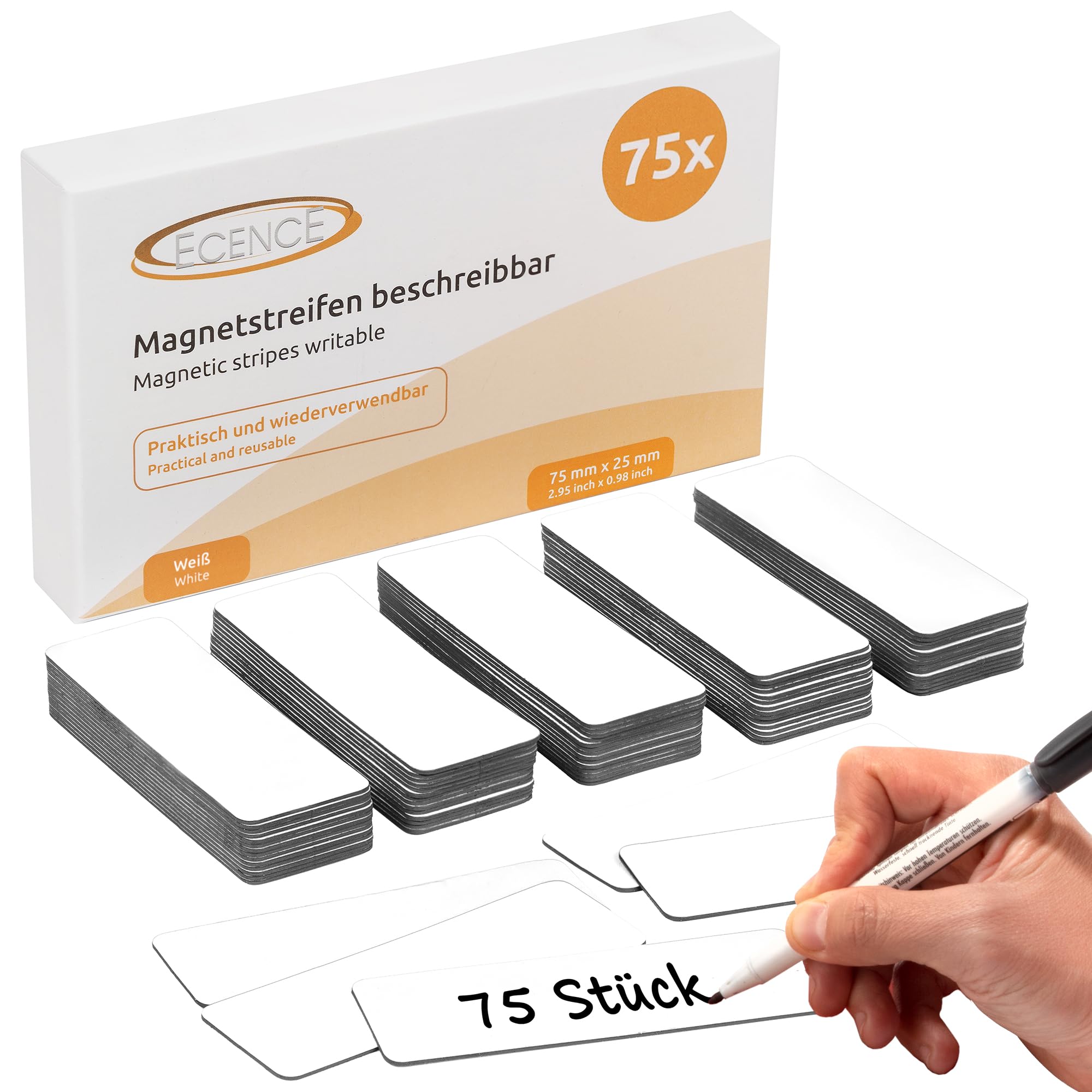 ECENCE Dry Erase Magnetic Labels 75pcs Reusable Magnetic Name Tags 2.95inchx0.98inch Writable Magnetic Sticker Notes for Whiteboard Refrigerator Locker Classroom White