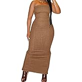 Flamingals Sexy Off Shoulder Sleeveless Maxi Dress for Women Zip Back Split Hem Party Long Dress Coffee S
