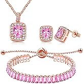 Oneress Cubic Zirconia Necklace Tennis Bracelet Stud Earrings Set for Women | Rectangular Cut Zircon Jewelry for Christmas Birthday Graduation Valentine's Day Y3611