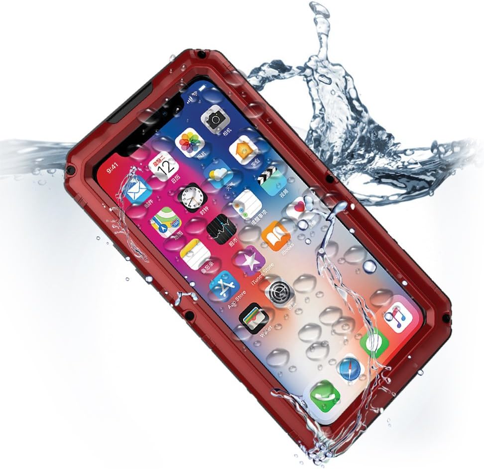 Compatible iPhone X Case, Waterproof Cell Phone Case for Apple Phone 10 with Stand, Shockproof Military Grade Heavy Duty Silicone with Screen Protector Full Body Metal Cover Red