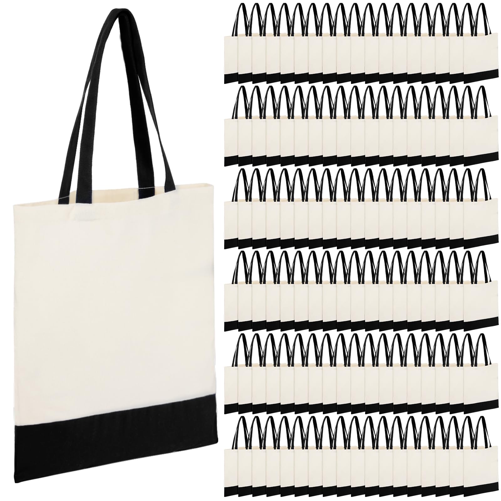 View 1 of *** VACCUM SEALED ***Roowest 60 Pack Canvas Tote Bags Bulk 16" x 15" Lightweight Medium Reusable Grocery Shopping Cloth Bags for DIY Gifts(Black and Natural)