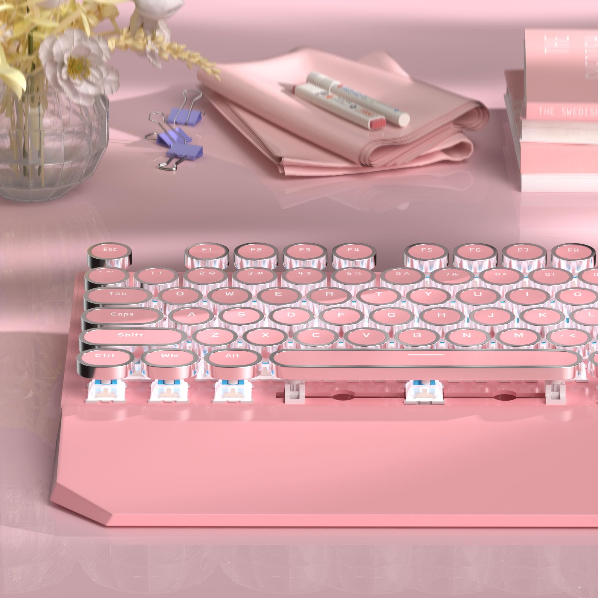 MageGee Typewriter Mechanical Gaming Keyboard, Retro Punk Pink Round Keycaps, 104 Keys LED White Backlit Wired Keyboards for Laptop MAC PC Gamer, with Magnetic Wrist Rest, Blue Switch