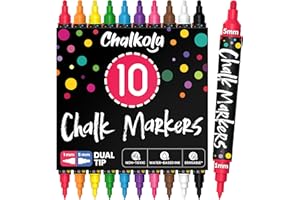 Chalkola Dual Tip Liquid Chalk Markers for Blackboard (10 Pack, 1mm+5mm Fine, Bold) - Dry Erase Marker Pens for Chalkboards Signs, Car Windows, Glass, Mirrors - Erasable Chalkboard Markers