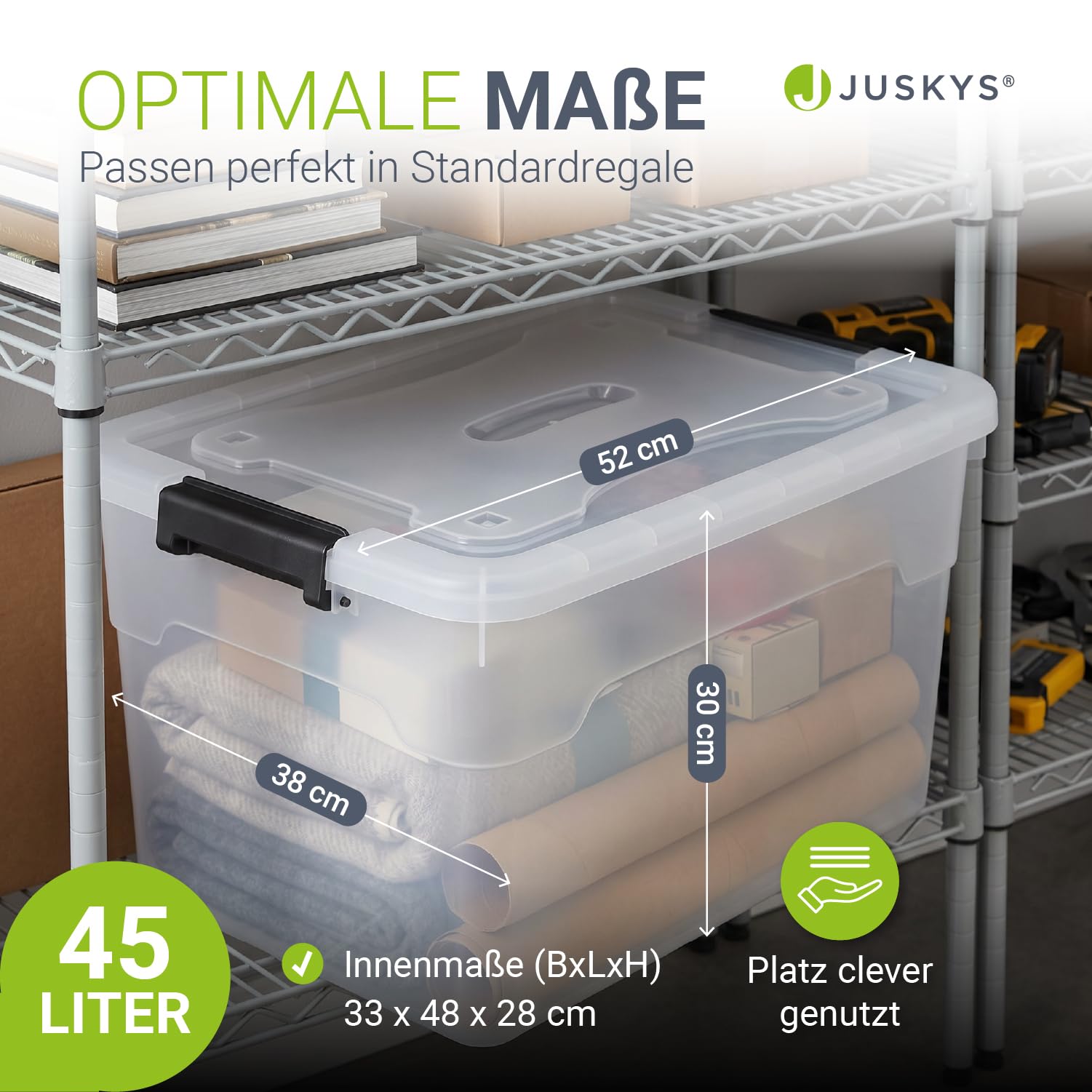 Juskys Aufbewahrungsbox mit Deckel - 4er Set Kunststoff Boxen 45l - Box groß, stapelbar, transparent - Aufbewahrung Ordnungssystem Aufbewahrungsboxen 3