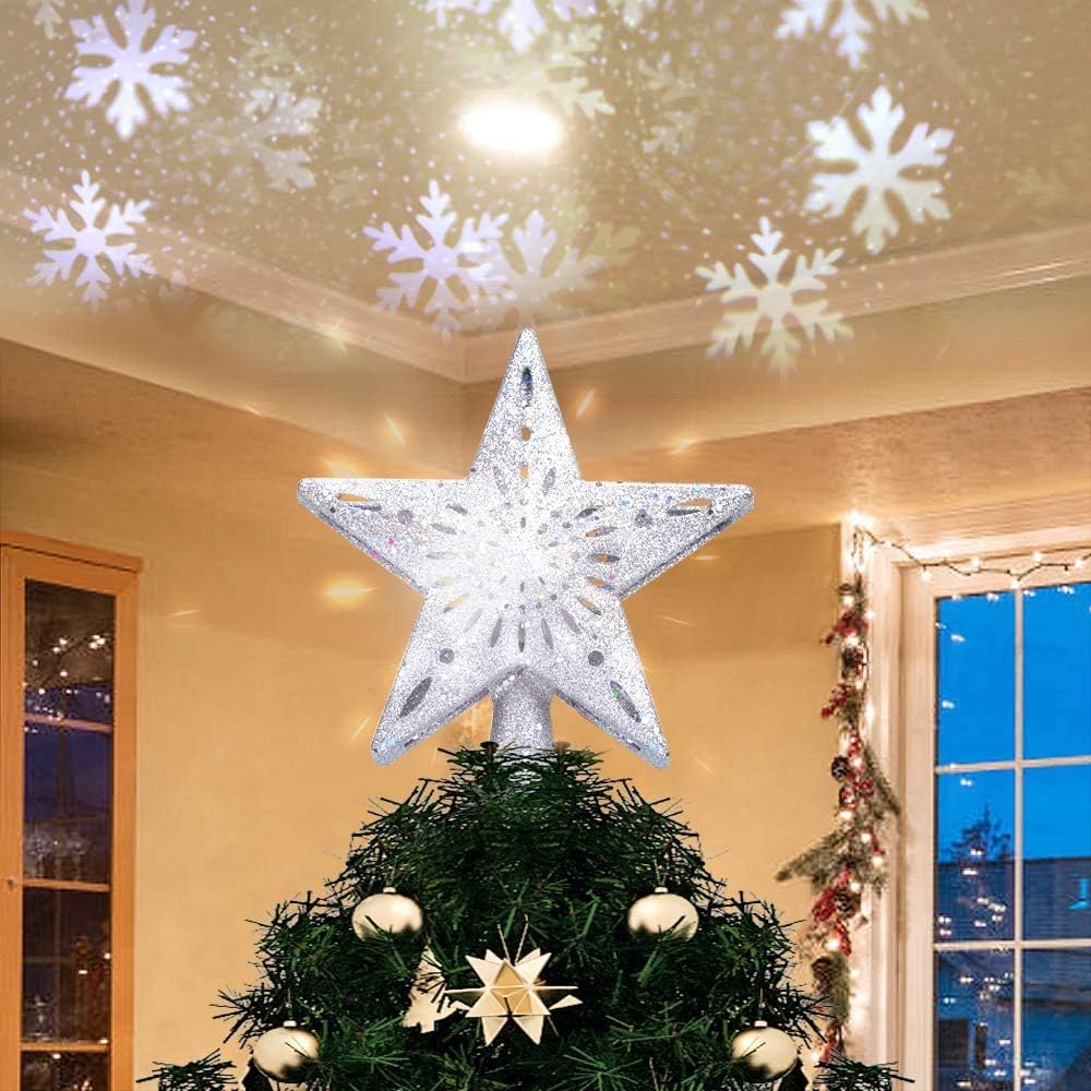 Christmas Tree Topper with LED Lighted Snowflake Projector Silver