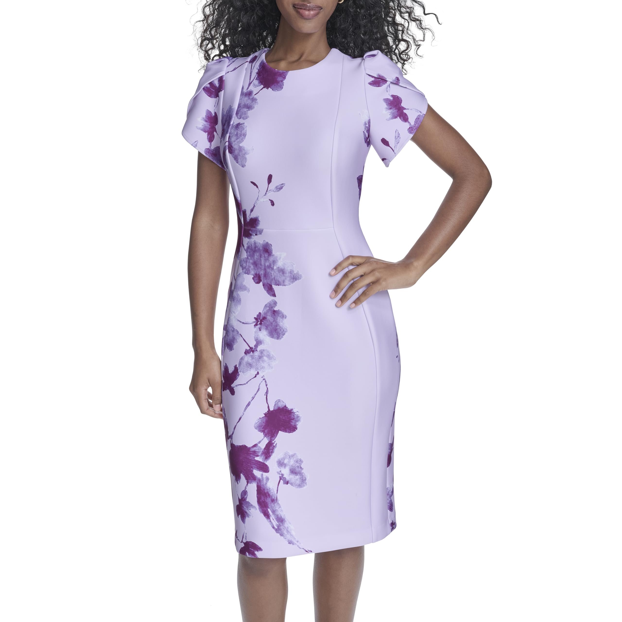 Calvin Klein Women's Tulip Short Sleeve Scuba Crepe Mini Dress, Cherry Blossom Multi, 16 Image