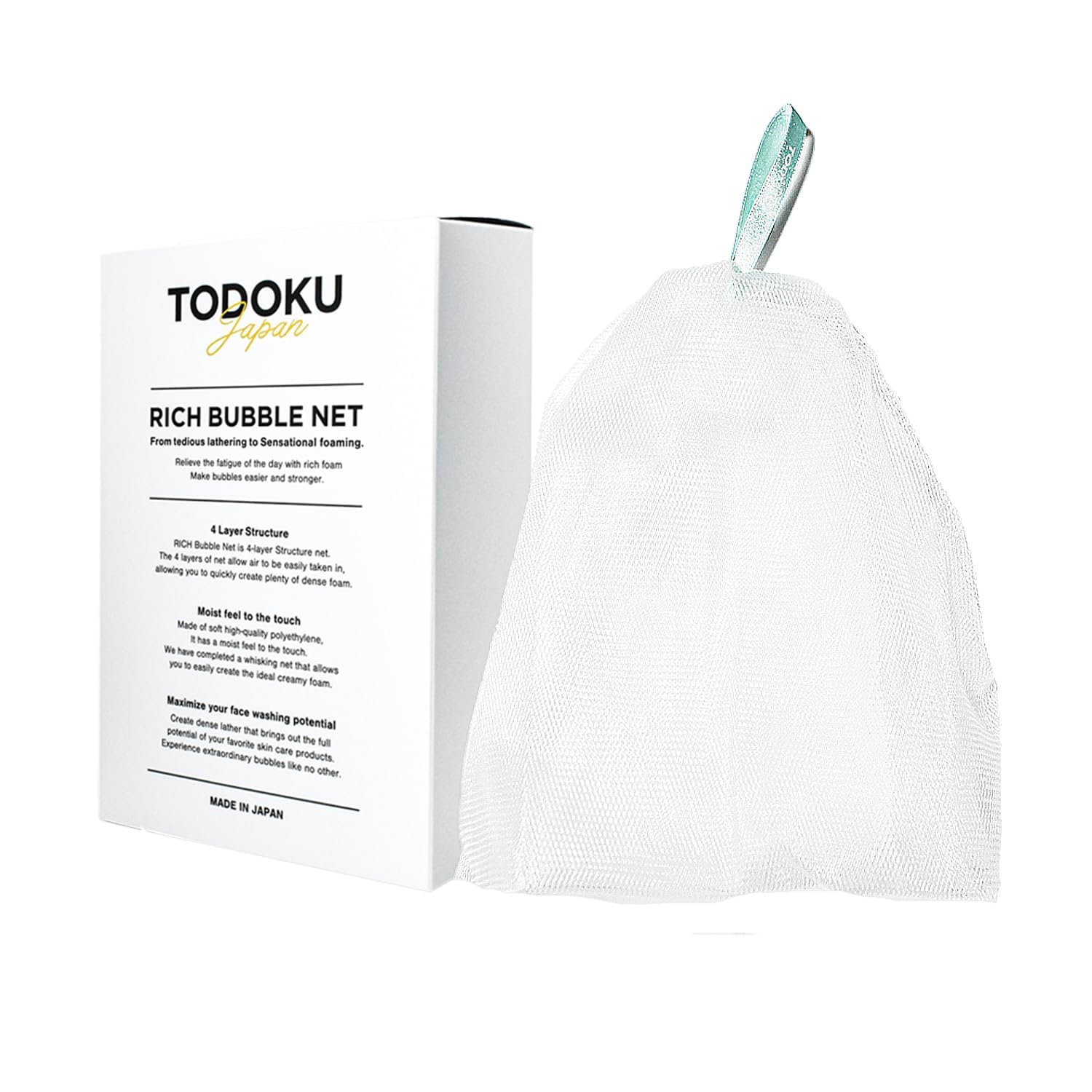 TODOKU JAPAN Rich Bubble Face Wash Soap Net, 4 Layer Mesh, Marshmallow Whip Maker (TURQUOISE)