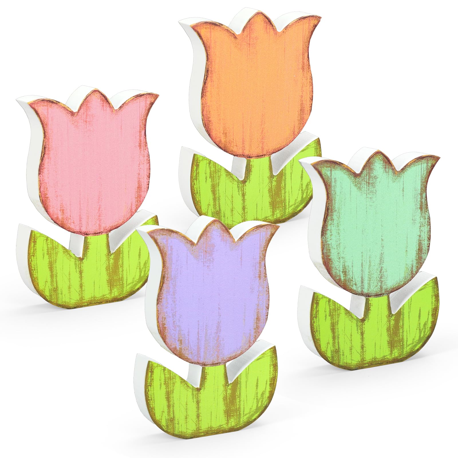 Whaline 4 Pcs Spring Tulip Flower Wooden Table Sign Tabletop Centerpiece Rustic Pastel Colorful Floral Tiered Tray Decor for Party Home Farmhouse Decoration