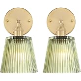 Shenmoyl Vintage Wall Sconces Set of 2 with Green Stripe Glass Lampshade 180 Degree Adjustable Brass Sconces Hradwired Modern Wall Lighting Fixture with Switch for Bedside Bedroom Doorway