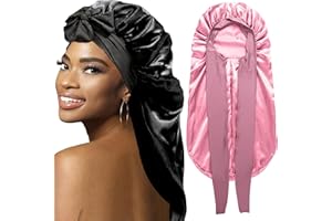 WOZUTUNT 2Pcs Bonnets for Black Women Braid Bonnet, Large Long Satin Bonnet for Braids, Silk Bonnet with Stretchy Tie Band Sleep Cap Hair (2Pcs-Black&Rose Pink)