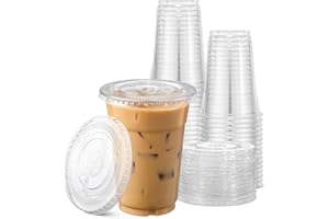 TashiBox Plastic Cups with Flat Lids 100 Sets 16 oz, Clear Crystal drink cups with lids