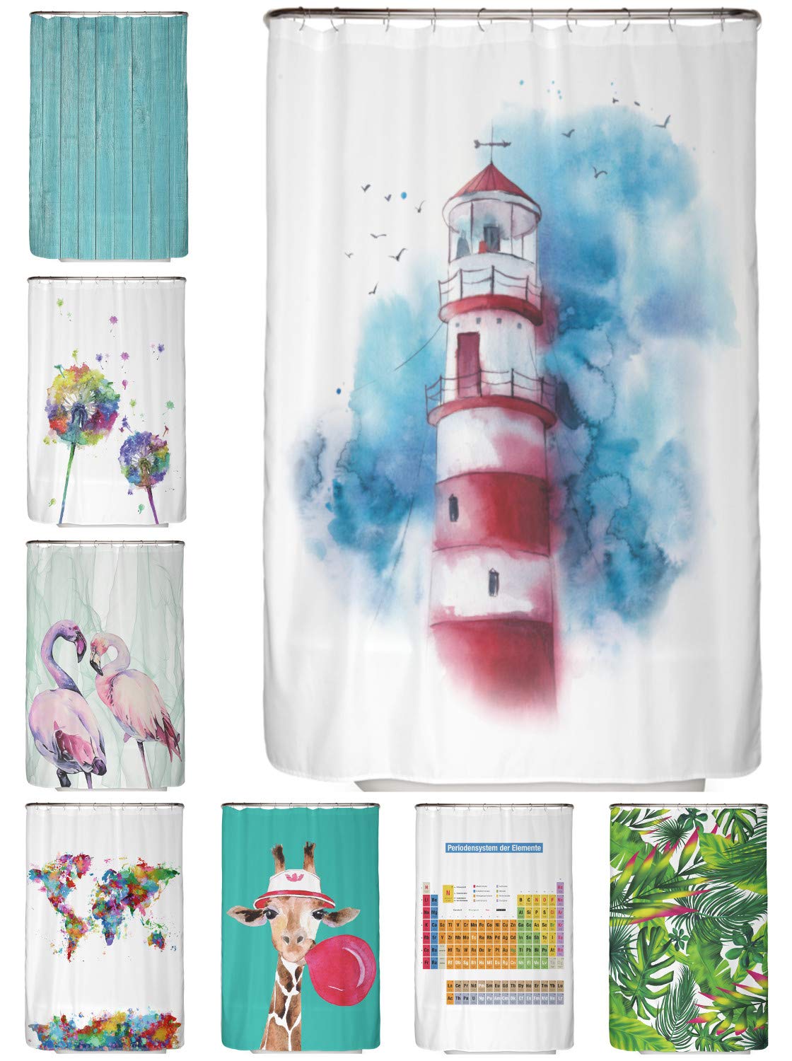 arteneur® - Lighthouse - Anti-Mould Shower Curtain 120 x 200 cm with Oeko-Tex Standard 100 - Weighted Hem Opaque Waterproof Washable 8 Rings & E-Book