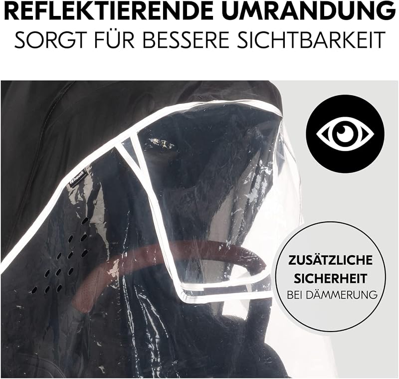 Universal Kinderwagen Regenschutz 91 x 92 x 85 cm mit Reflektierender Umrandung, Kontakt & Belüftungs Fenster, Einfache Klettverschluss Befestigung am Kinderbuggy Sitz (Transparent)