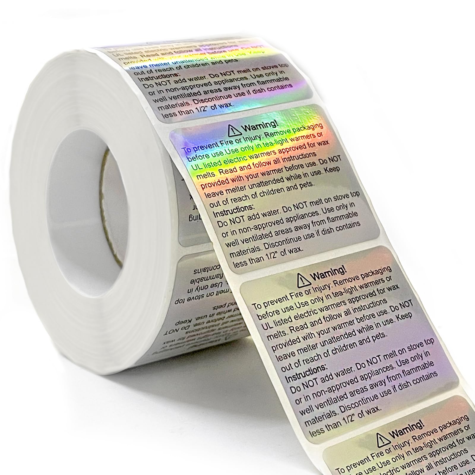 600 Holographic Candle Warning Labels – 1.5" x 1.84" Safety Stickers for Wax Melts, Candle Jars, Tins, Containers, Packaging