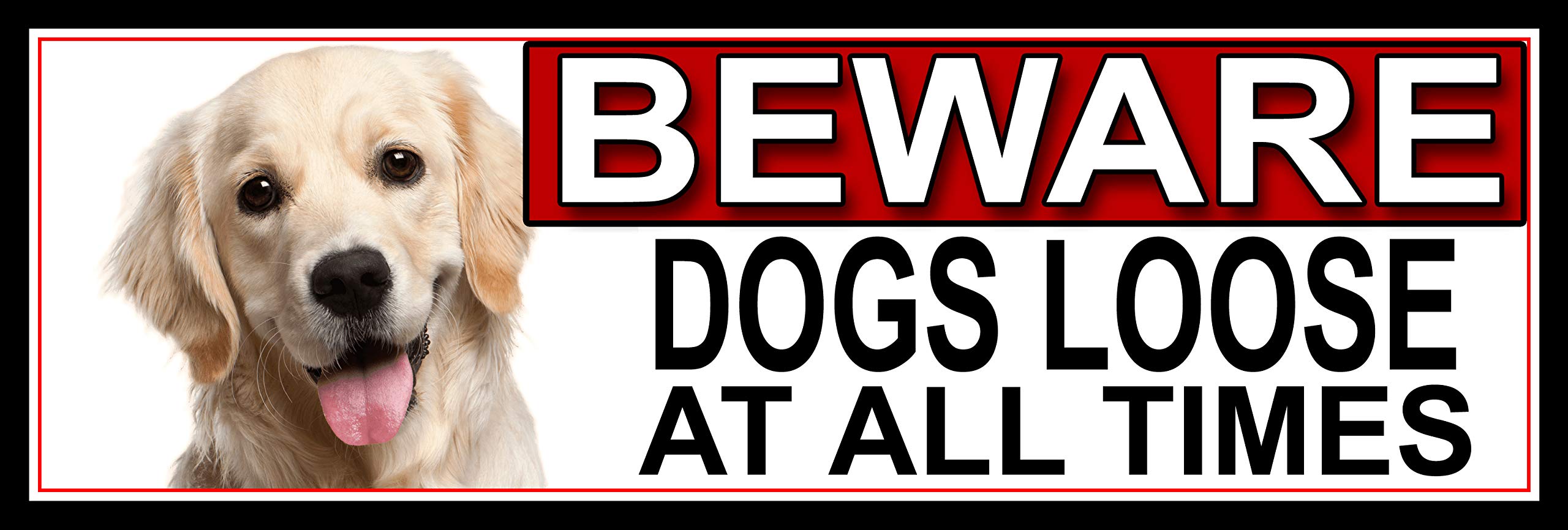 SHAWPRINT Golden Retriever BEWARE DOGS LOOSE AT ALL TIMES METAL GATE SIGN 266mm x 87mm. (394H2)