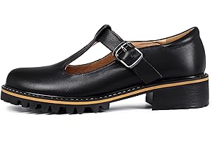 Sailimy Women's Leather Oxford Mary Janes Shoes Flats Chunky Low Heels Platform Sewing Retro Classics Round Toe Ankle Strap