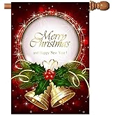 Txtains Merry Christmas Happy New Year Bell Celebrate Winter Holiday House Flag 28 x 40 Inch Double Sided Garden Yard Outdoor Banner Decor