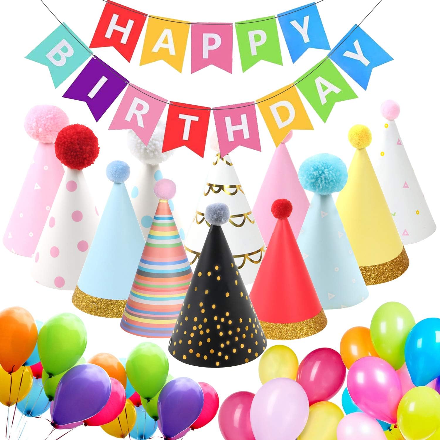 12 PCS Party Hats Birthday Party Hats,coming with 1 Colorful Happy Birthday Banner,20 Decoration Balloons,1 Hanging Swirl Streamer for Adults Teens Boys Girls Birthday Party Decorations Party Supplies: Clothing
