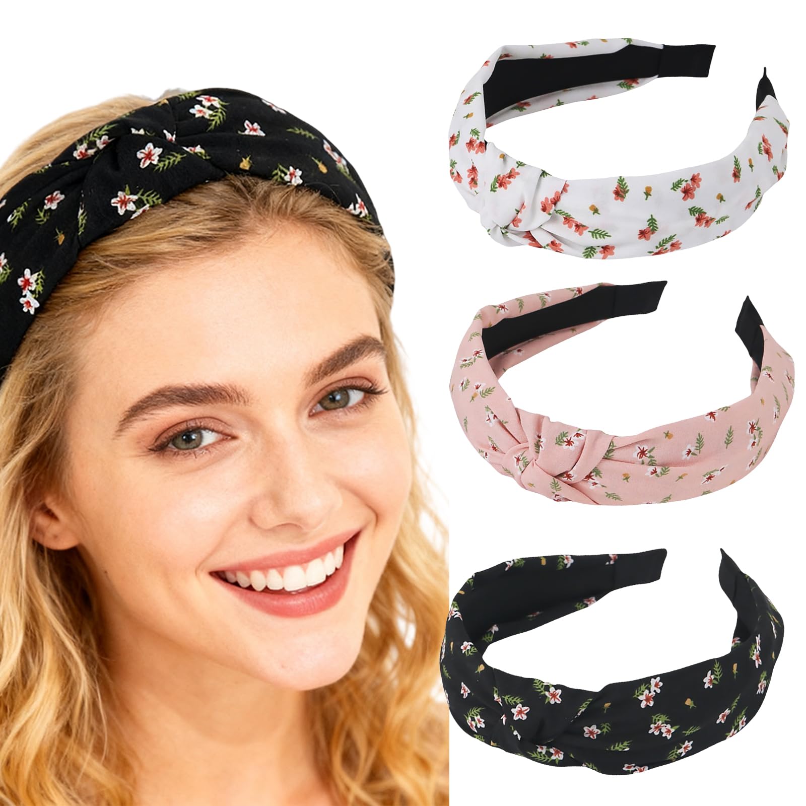 scicent Wide Headbands for Women Girls 3 Pieces Fashion Knot Hair Bands Print Turban Hairbands Cross Knot Headband Hair Accessories 1409 — image 1
