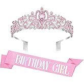 Coopyin Birthday Sash and Crown for Women Girls Pink Birthday Girls Sash Costume Tiara Headband Queen Princess Crown Sparkly Pink Hair Accessories Decorations Set Party Favors