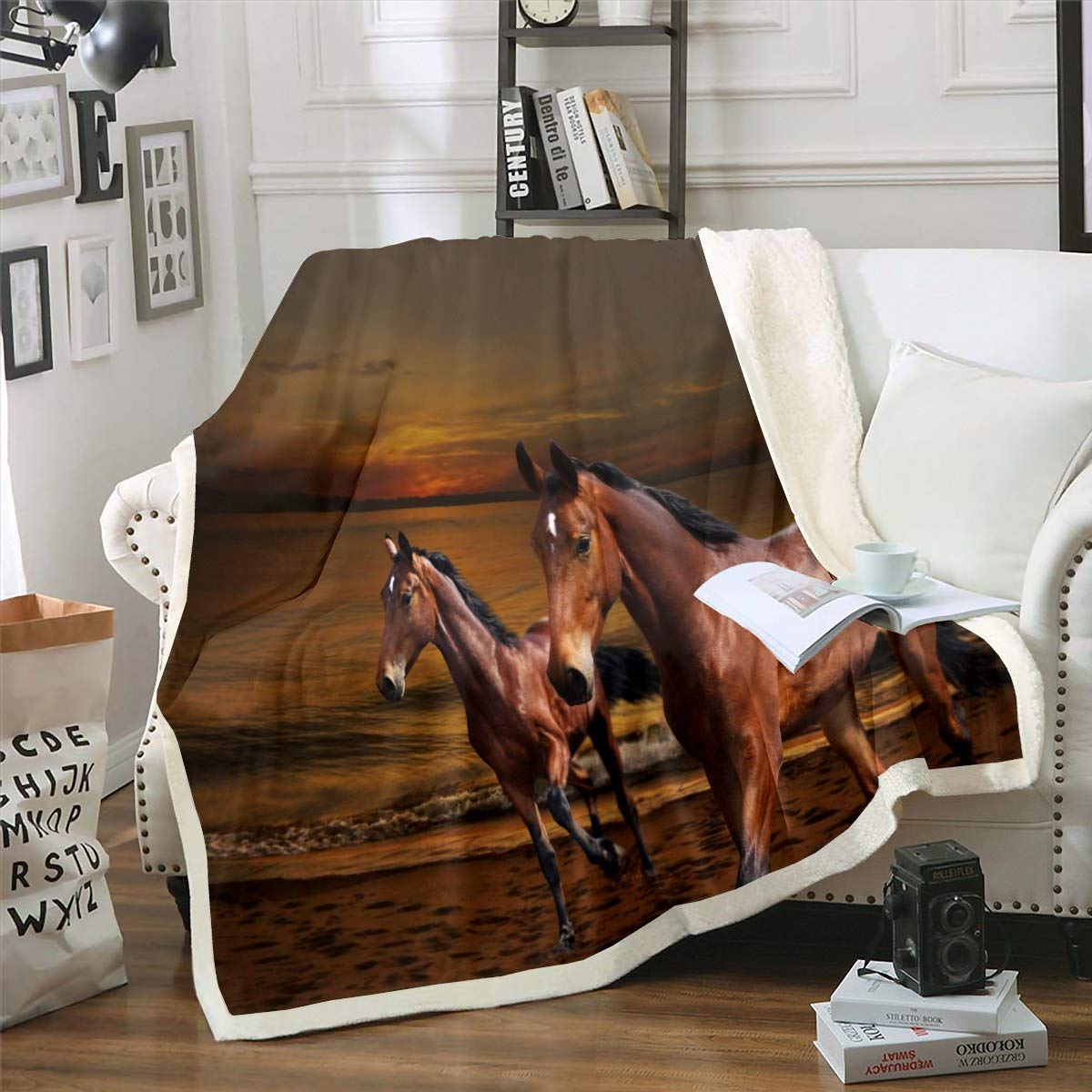 Loussiesd Galloping Horse 3D Wild Animal Fleece Throw Blanket for Sofa & Couch, Sea Sunset Scenery Sherpa Blanket, Stain Resistant, Single 50"x60"