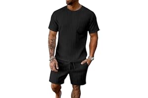 BEALIN Men's Summer Beach Outfits 2 Piece Vintage Short Sleeve T Shirts and Shorts Vacation Texture Sets for Men
