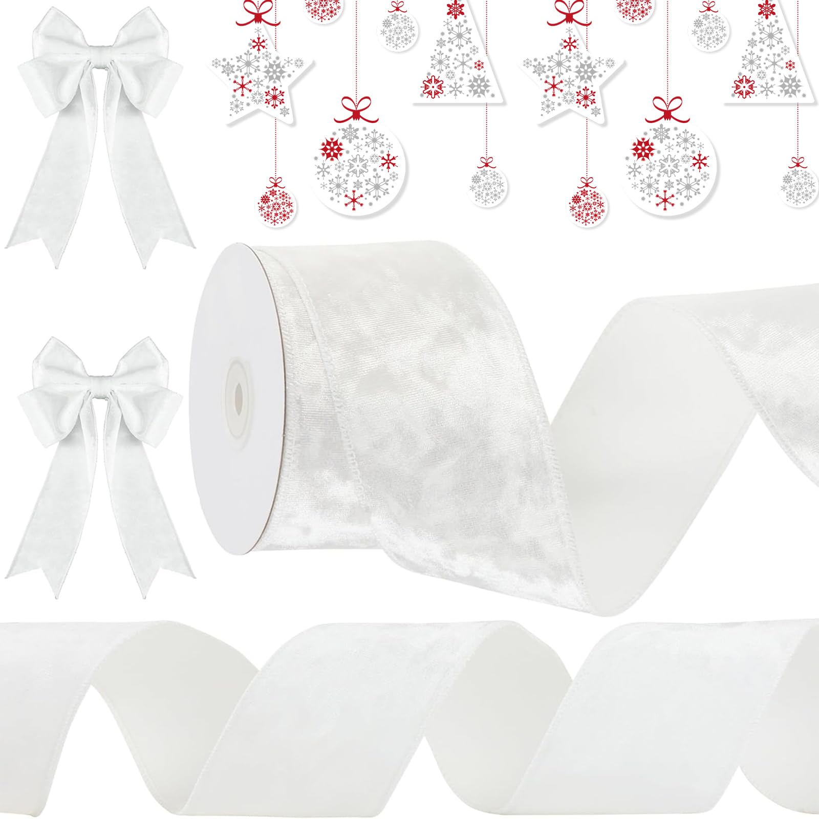 Christmas Ribbon, Christmas Decorations, 9.1m Soft Velvet Ribbons 63mm Xmas Tree Ribbon for Xmas Crafts, Gift Wrapping, Wreath, Top Bows, Sewing Xmas Tree Decorations (White)
