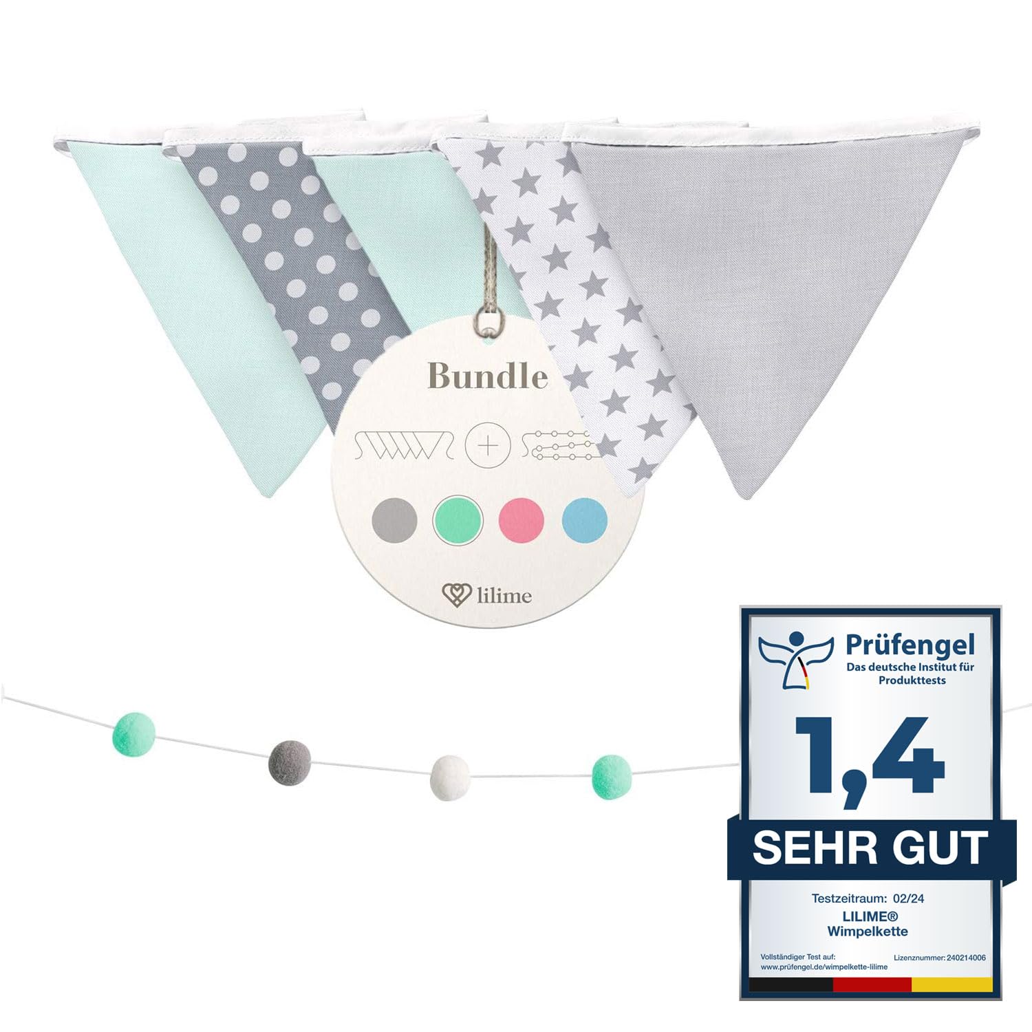 Lilime® 1.9M Bunting in Grey, Pink and Mint Incl. garland ideal for decoration in the children's room our wall decoration for your child super cute decoration for any baby room.