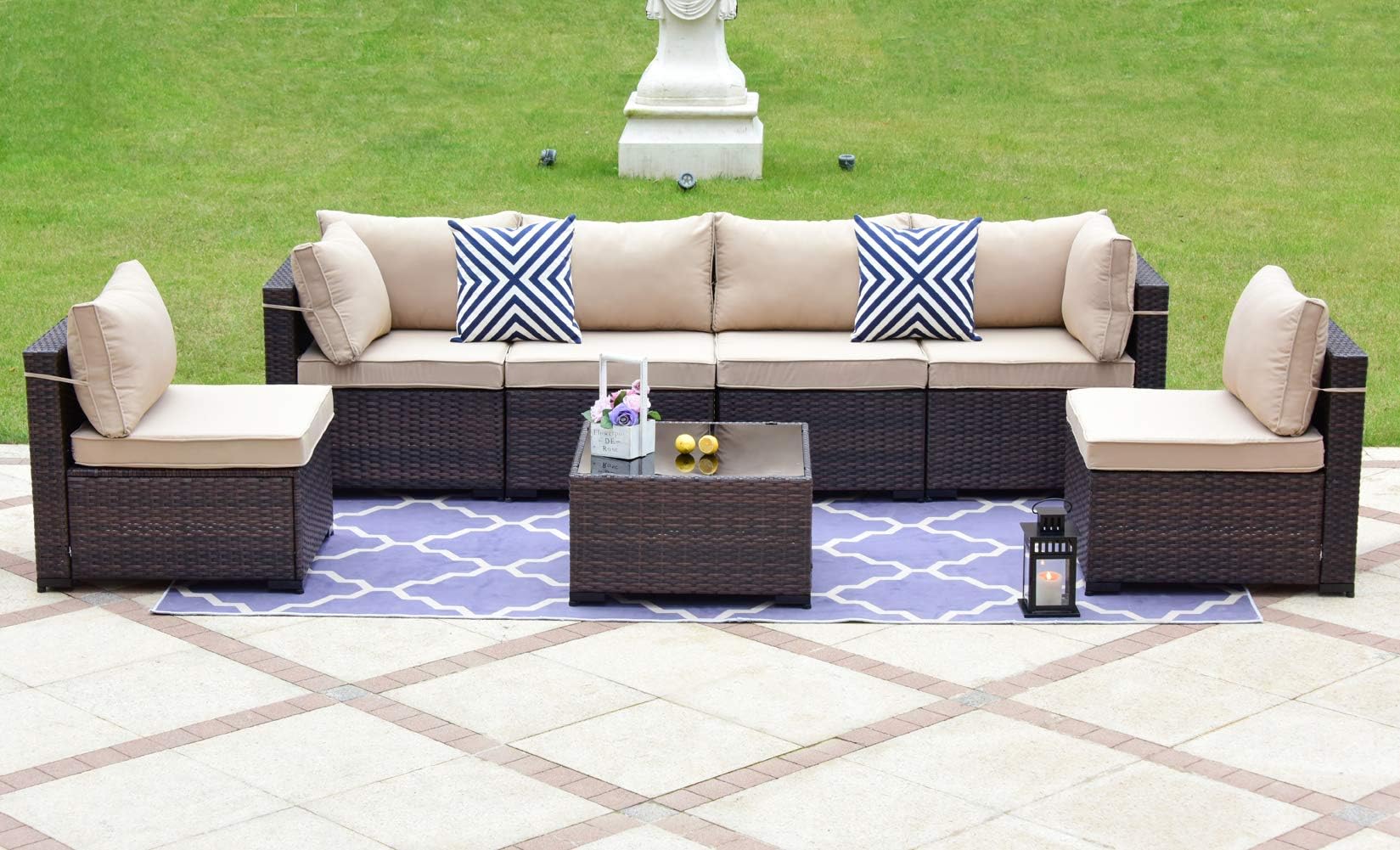 Gotland 7-Piece Outdoor Rattan Sectional Sofa Wide Armrest Patio Wicker Furniture Set(Brown),with Weather Resistant Blue Cushions & Tea Table