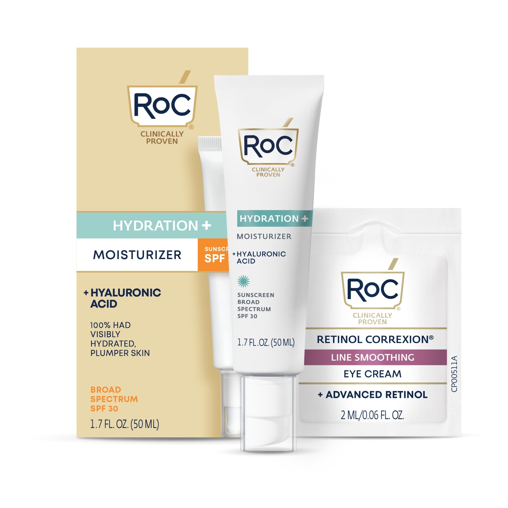 Photo 1 of RoC Multi Correxion 1.5% Pure Hyaluronic Acid Anti Aging Daily Face Moisturizer with Sunscreen, SPF 30 Broad Spectrum Moisturizer + Retinol Eye Cream Packette