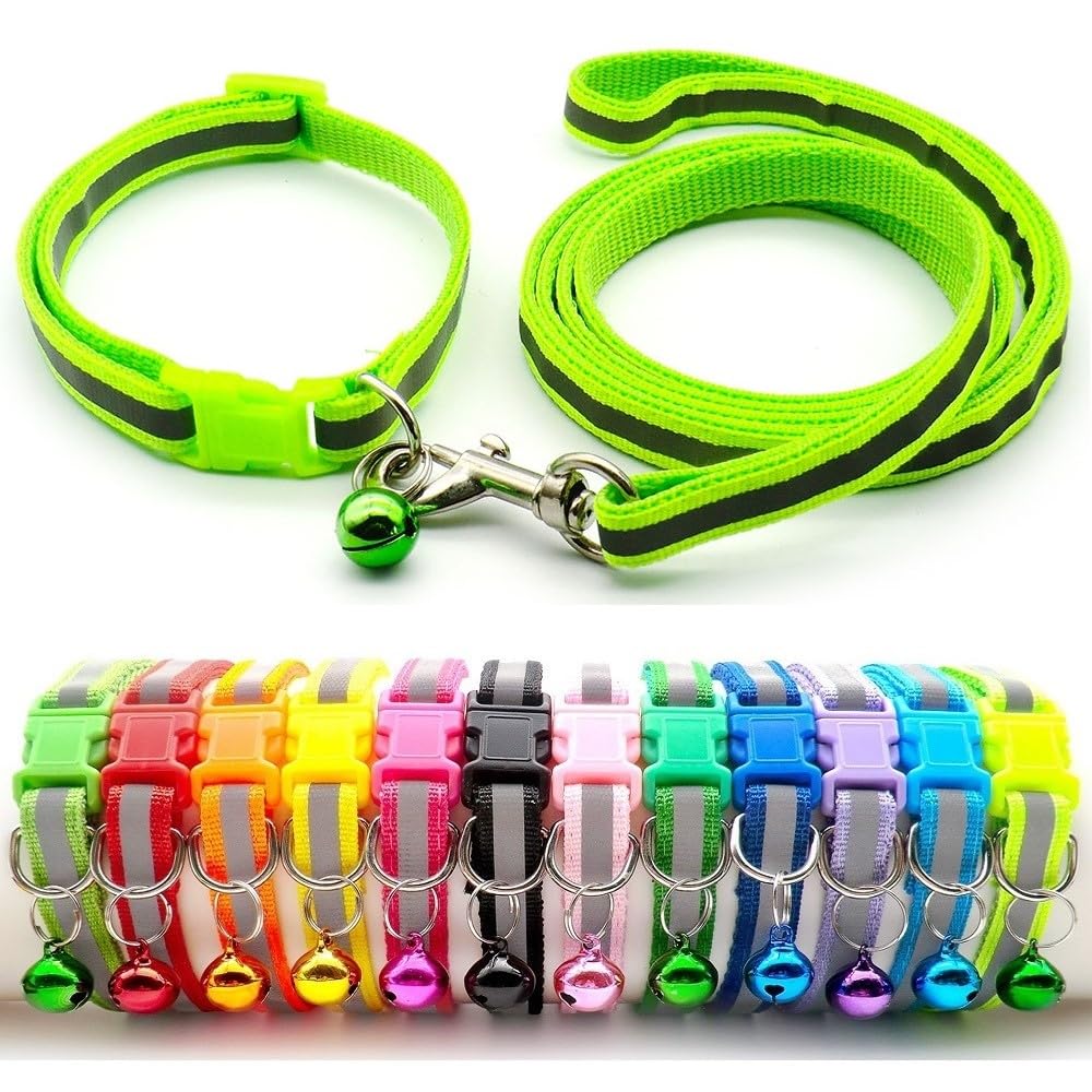 Small Dog Puppy Pet Collar and Lead Set Reflective Hi-Vis Strip Nylon Adjustable Size 19-32cm Collar with Bell and 120cm Leash Bright Green
