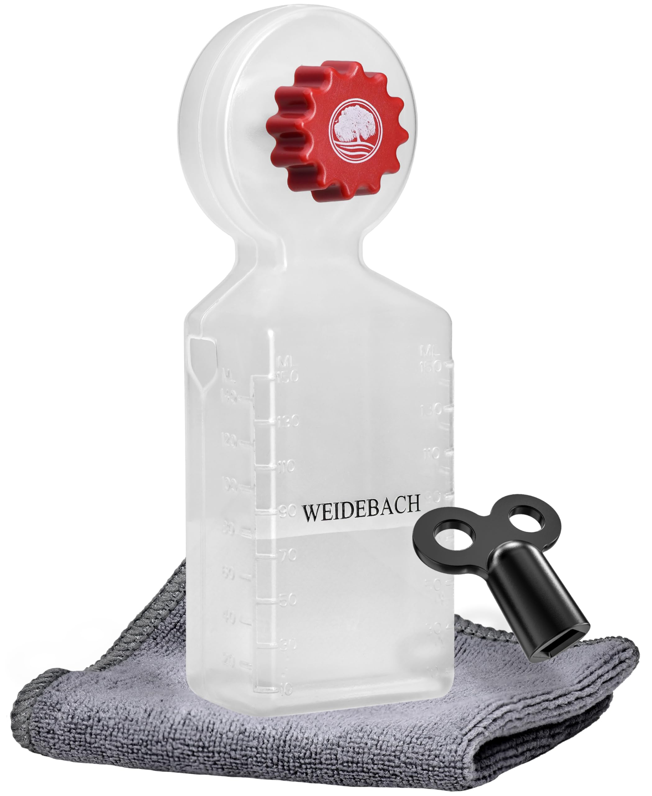 WEIDEBACH® Radiator Vent Key with Collection Container (140ml), Radiator Ventilator including Microfiber Cloth & Mini Vent Key for tight spaces, suitable for all radiators, long design