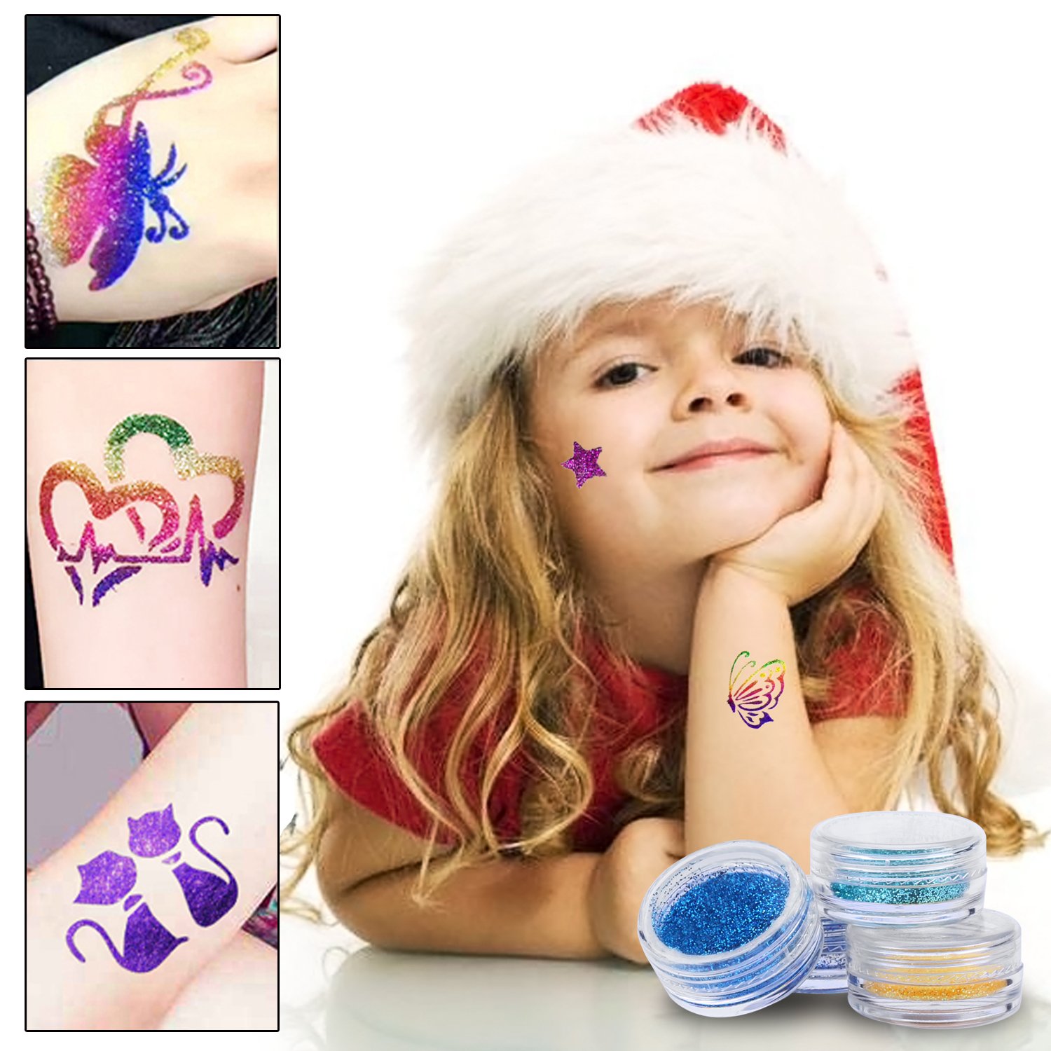 Tattoo-Kit Xpassion Temporäre Glitzer Tattoo Make Up Körper Glitzer Kunst Design für Kinder Teenager Erwachsene, mit 15 Farben der Glitzer, 48 Blatt Einzigartig Themed Tattoo Schablone