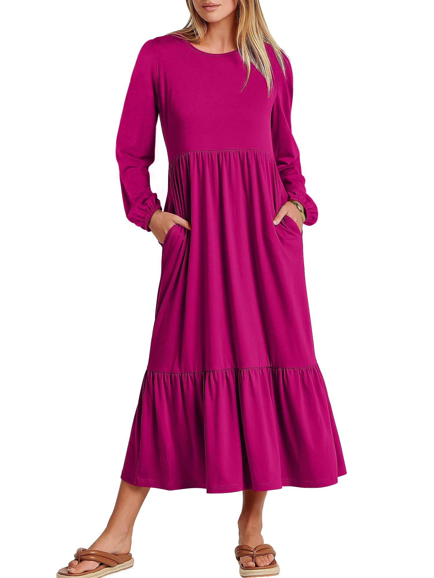 Photo 1 of *MEDIUM* Women's Casual Long Sleeve Midi Dress 2024 Fall Crewneck A Line Tiered Flowy Loose Trendy Dresses with Pockets Rose M