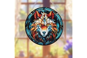 DTLIFEK Wolf Stained Glass Window Hanging 5.9in Wolf Pattern Stained Glass Suncatcher Jungle Animal Acrylic Hanging Ornament with Metal Chain for Women Home Christmas Wild Animal Lover Decoration 073