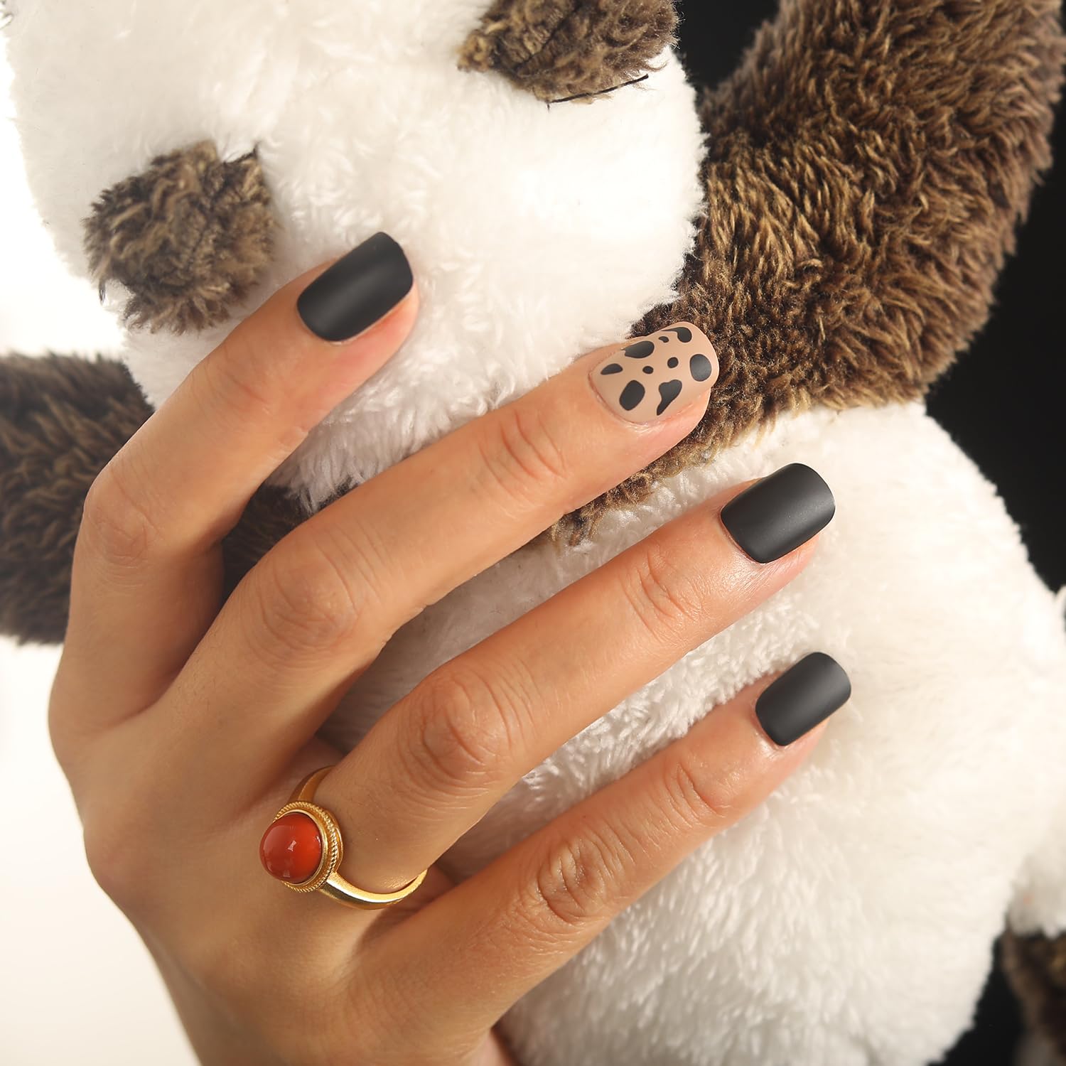 Photo 1 of 48 PCS Press On Nails, Short Square Leopard Print Contrast Fake Nails, ABS Natural Fit, Reusable Stick On Nails in 12 Sizes-Soft Gel Fake Nails Kit, Salon-quality, Brown and Black, Wild West