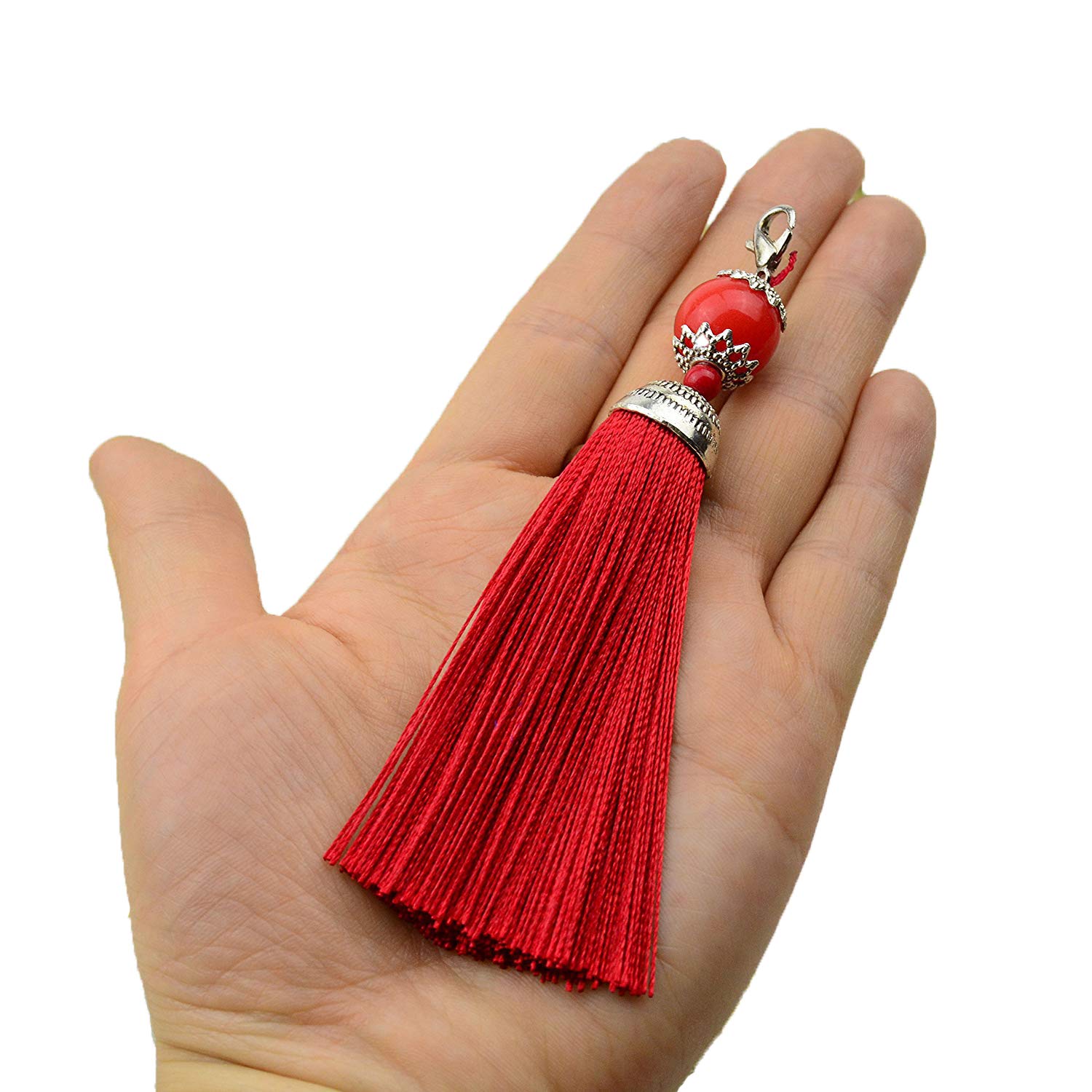 Makhry 10pcs 4.5 Inch Handmade Silky Floss Lobster Clasp Tassel Key chain Beads Bookmark Tassel Pendant for DIY Craft Jewelry Women Earring(Wine Red, Short)