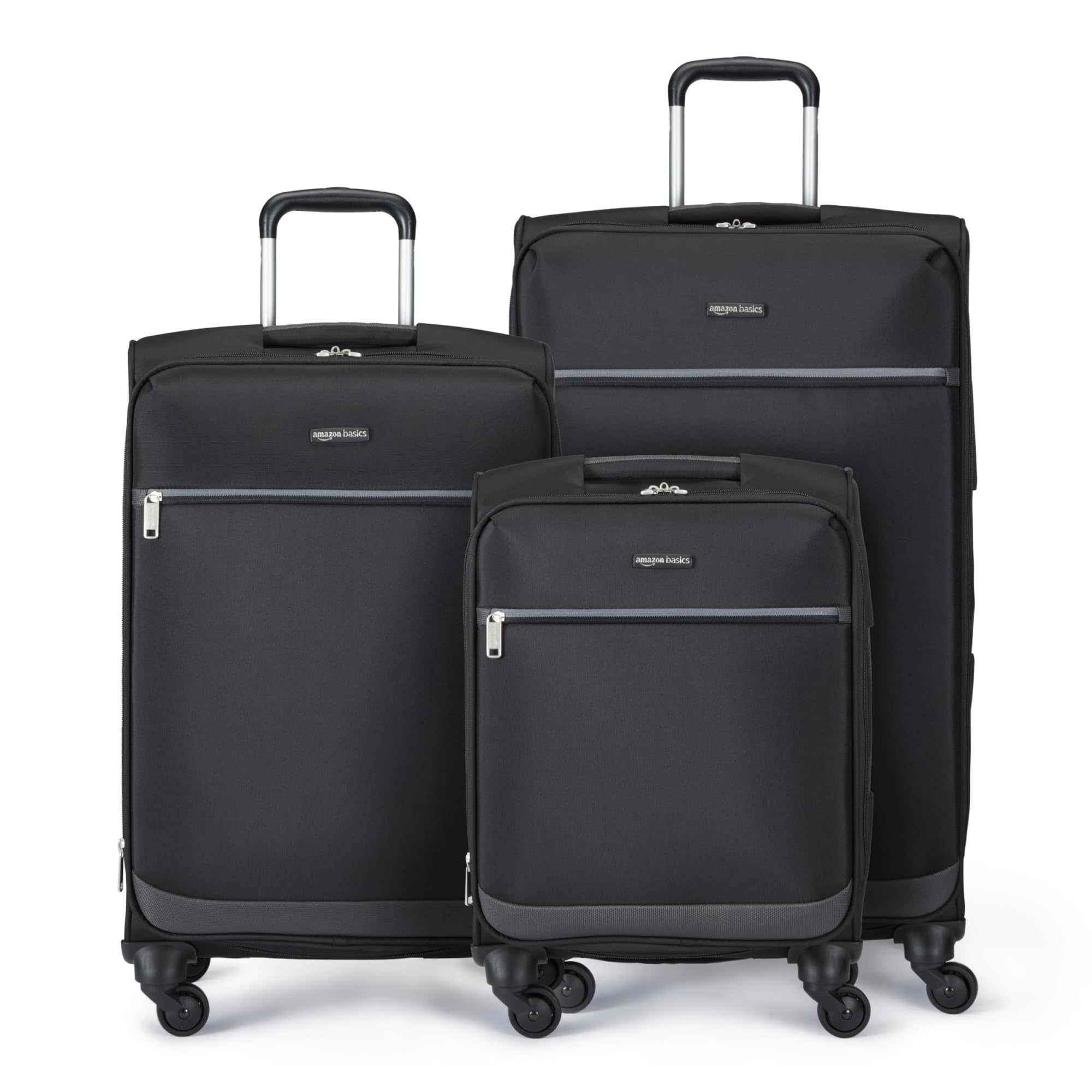 Amazon Basics 3-Piece Set (21", 25", 30"), Softside Suitcases With Wheels, With Four 360-Degree Multi-directional Spinner Wheels, Expandable Space, Zippered Pocket and Straps, Telescopic Handle, Black