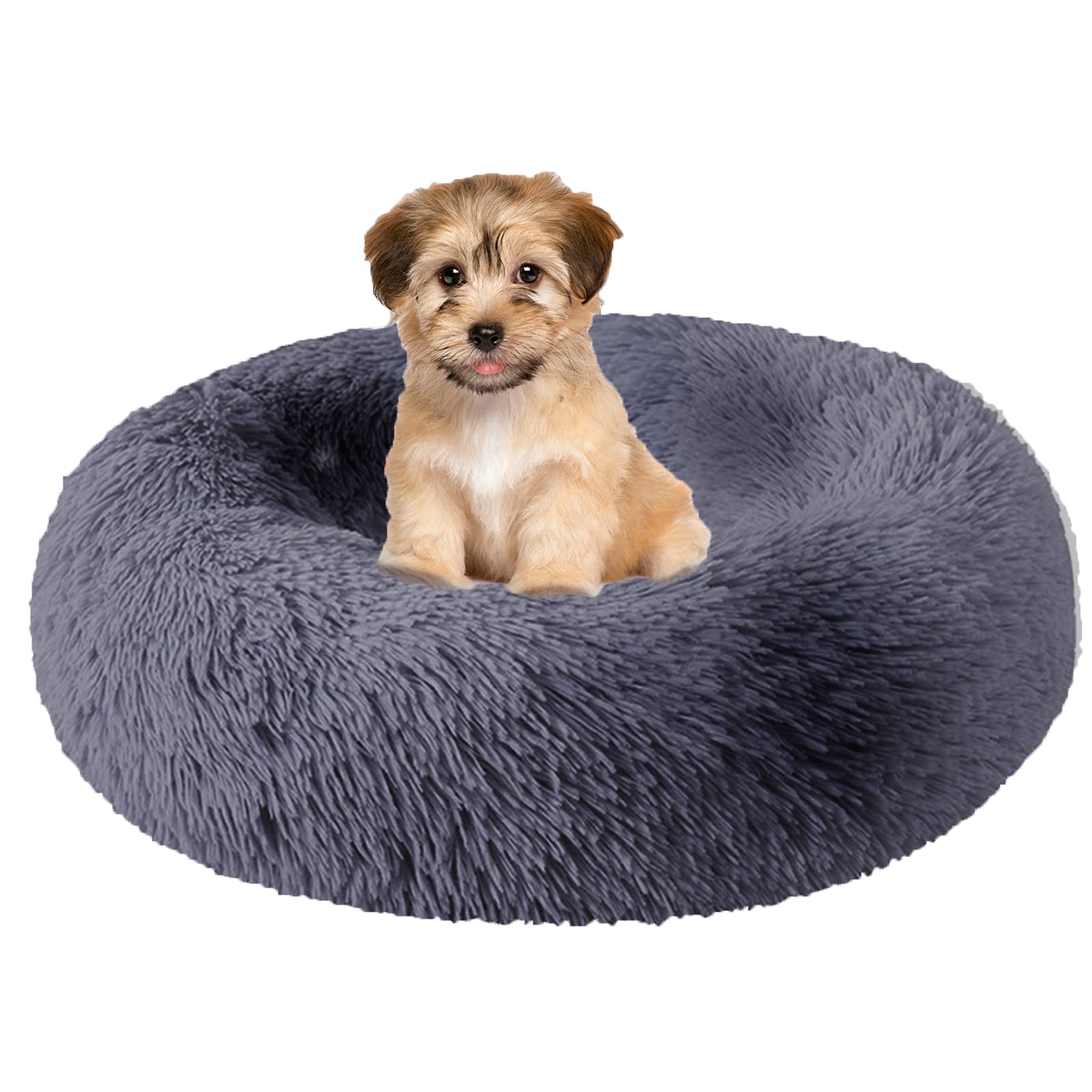 fireowl XL Dog Bed Calming - 80 * 80 * 20cm Washable Donut Cushion, Fluffy Plush Round Cat Bed, Non-Slip Bottom - Warm and Soft Faux Fur Orthopedic Pet Cosy Anti Anxiety Beds Improved Sleep, Grey