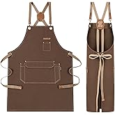 RockyToy Chef Apron with Cross Back Straps for Men Women, Cotton Canvas Apron for Artists Painting, Kitchen Cooking