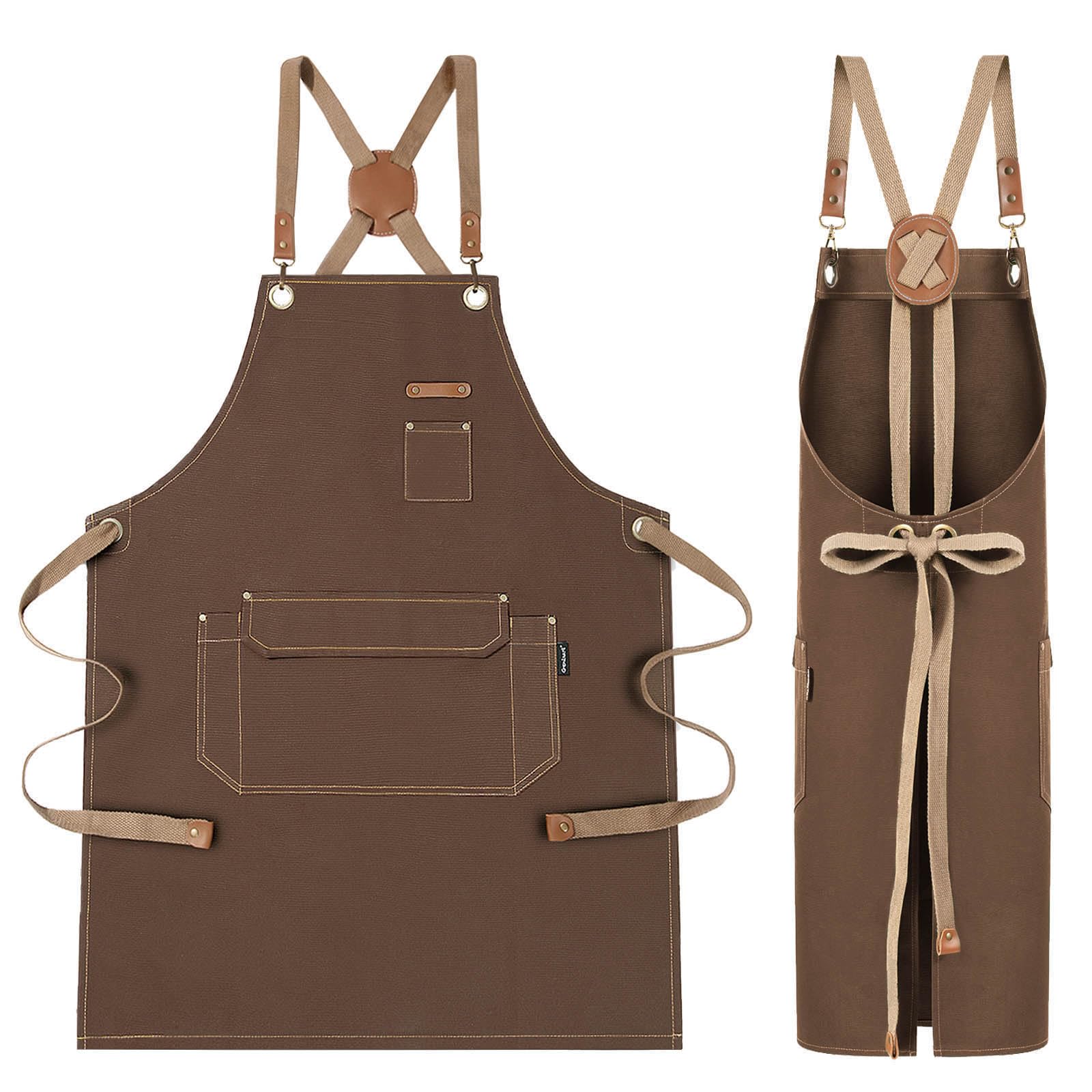 Genixart Men's Adjustable Work Apron with Pockets - Heavy-Duty Canvas Apron for Grilling, Gardening, Kitchen Cooking - Cross-back Cotton Aprons for Barista, Restaurant Server, Workshop (1, Brown)